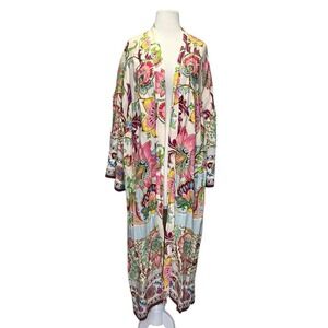 Zara Womens Long Kimono Robe Duster Beach Cover Up Medium Floral *no belt* Boho